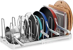 EVERIE Adjustable Bakeware Organizer Pot Lid Holder Rack for Pots, Cake Molds, Cutting Boards, Mats, Cookware, GS02SS, 7.7'' Deep by 12.6'' to 21.5'' Wide