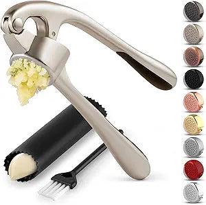 Zulay Kitchen Premium Garlic Press Set - Rust Proof Professional Garlic Mincer Tool - Easy-Squeeze, Easy-Clean with Soft, Ergonomic Handle - Silicone Garlic Peeler & Brush (Silver)
