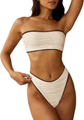 ZAFUL Women Strapless Textured Bandeau Bikini 2 Piece Swimwear Cheeky Solid Lace up Bathing Suits