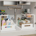 Under Sink Organizer, Pull Out Cabinet Organizer, 2 Tier Metal Slide Out Shelf with L Shaped Design for Kitchen, Bathroom, Laundry, and Utility Cabinet Storage for Deep Cabinets, White, 2 Pack