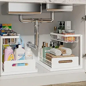 Under Sink Organizer, Pull Out Cabinet Organizer, 2 Tier Metal Slide Out Shelf with L Shaped Design for Kitchen, Bathroom, Laundry, and Utility Cabinet Storage for Deep Cabinets, White, 2 Pack