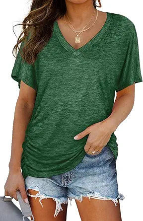 WIHOLL Womens Summer T-Shirts Short Sleeve V Neck Dolman Tops with Side Shirring Loose Fit Shirts Spring Fashion