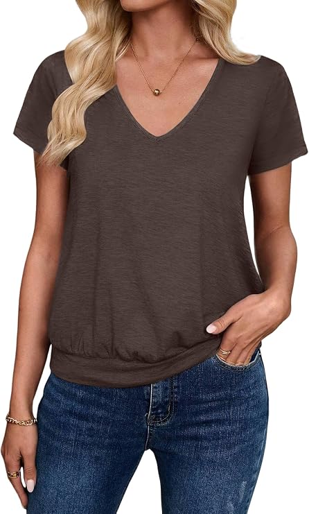 Sialois Women Shirts Short Sleeve Tshirts V Neck Banded Bottom Tops Casual Loose Shirts Summer Spring Tee Fashion Clothes