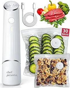 Chef Preserve Compact Vacuum Sealer for Food (Vacuum Sealer Machine + 30 Reusable Vacuum Bags) Powerful Handheld Vacuum Sealer Machine, Seal Meal Saver, Portable Food Sealer