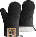 GORILLA GRIP BPA-Free Soft Silicone Oven Mitts, 550F Heat Resistant Waterproof Cooking Safety Gloves, Thick Cotton Lining, Flexible Gripping for BBQ Grilling, Kitchen Potholders Set, 12.5x8.3, Black