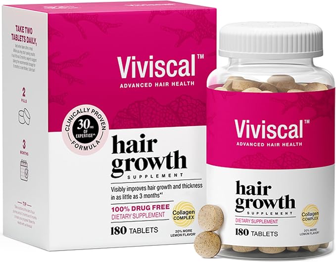 Viviscal Hair Growth Supplements for Women, Thicker Fuller Hair Support for Thinning Hair and Hair Loss, with Biotin and Marine Collagen, Drug-Free, 180 Tablets, 90-Day Supply