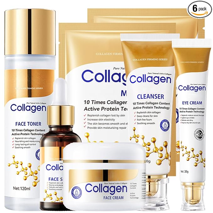 Collagen Skin Care Set, 6Pcs Face Care Sets for Older Women, Firming Skin, Shrink Pores, Smooth Wrinkles, Hydrating Skin Care Set Include Serum Face Cream Eye Cream Toner Cleanser Facial Mask1