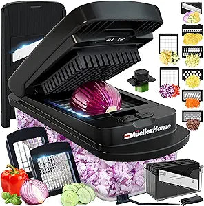 MUELLER HOME Pro-Series 10-in-1, 8 Blade Vegetable Chopper, Mandoline Slicer, Onion Mincer, Cutter, Dicer, Veggie Chopper with Container, Kitchen Essentials, House Warming Gifts New Home, Black